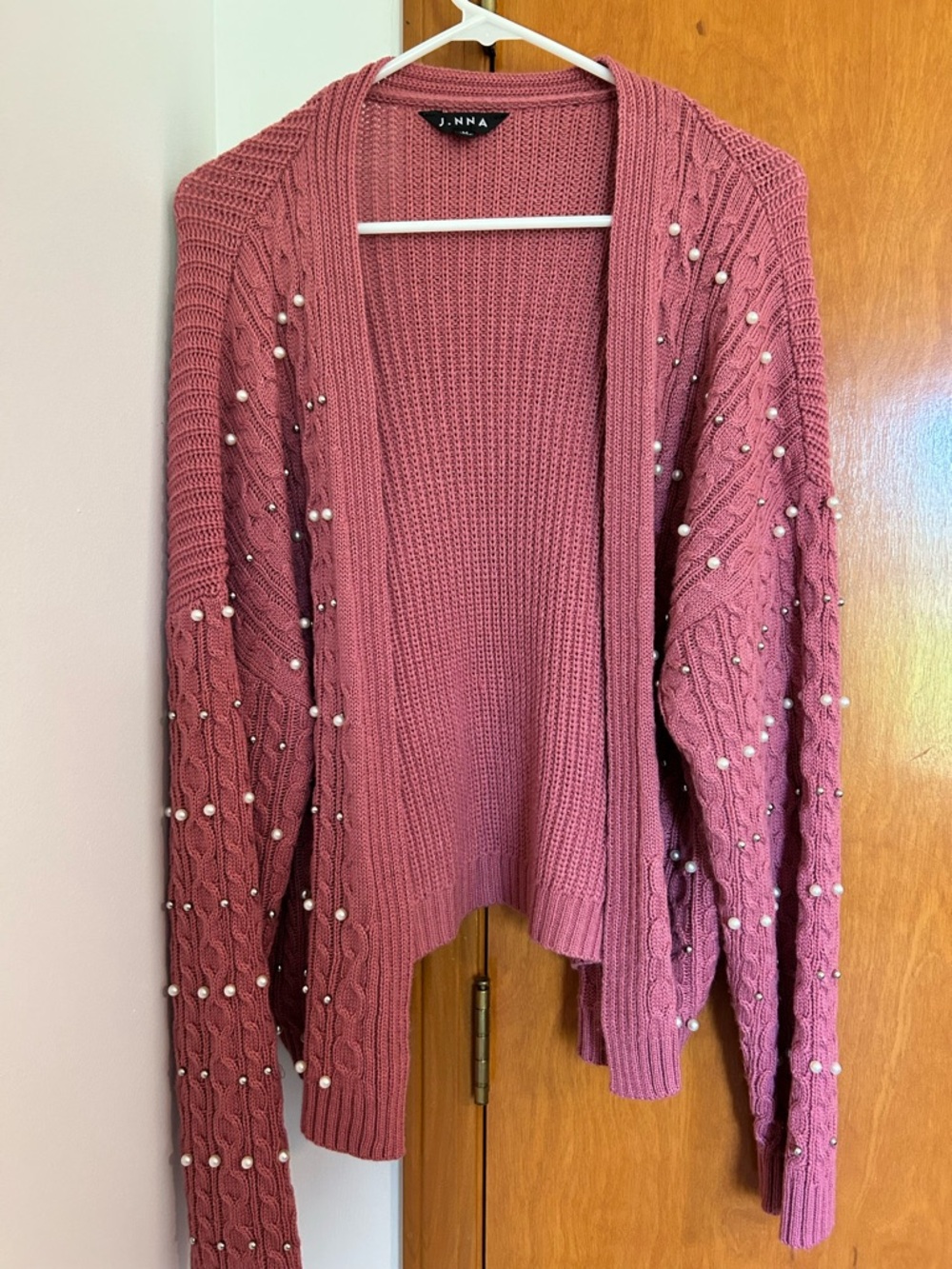 Beautiful mauve sweater cardigan with pearl and stone embellishments